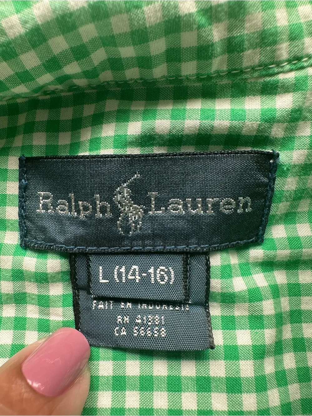 Ralph Lauren Boys Shirt Green White Gingham Button Down Preppy Classic Logo